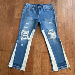 Fashion Nova Two-Tone Distressed Blue Denim Flare Jeans